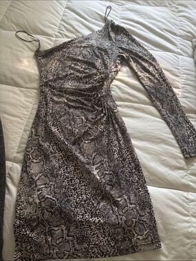 Guess One-Shoulder Snake Print Dress in Black and Cream